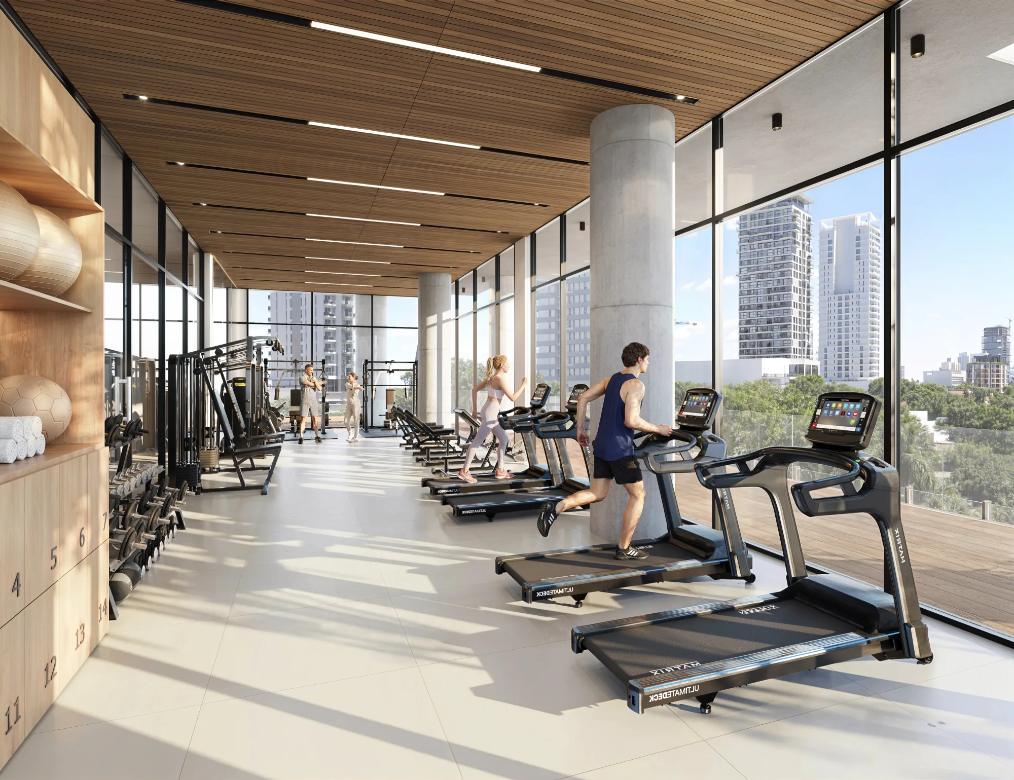 Render seleccionado del gimnasio de Mova del Sol con vistas a la ciudad.