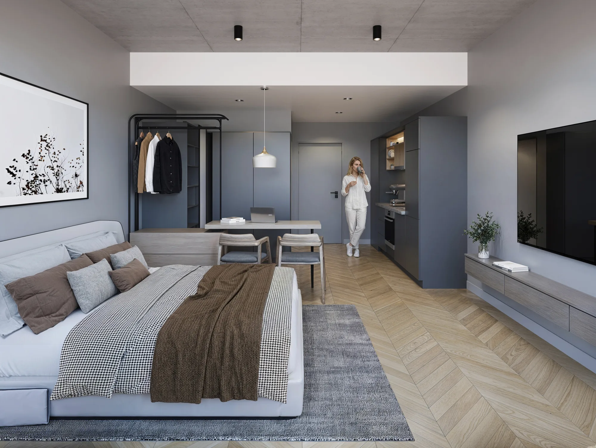 Interior renderizado de un monoambiente de Mova del Sol.