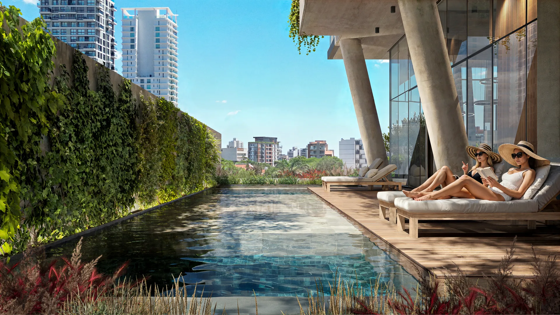Piscina infinita y solárium urbano de Mova del Sol.